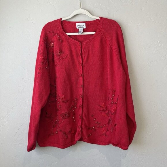 Carly St. Claire Red Cardigan Embroidered Vintage Beaded Plus 3x Floral grandma - Picture 1 of 9